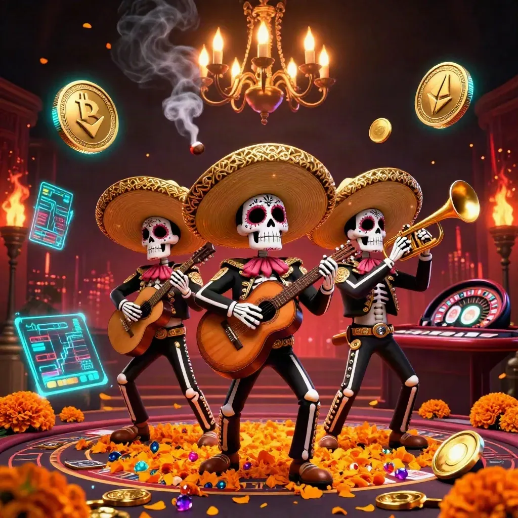 Day-of-the-Dead mariachi skeleton trio amid casino glow, coins, charts, and a spinning roulette wheel.