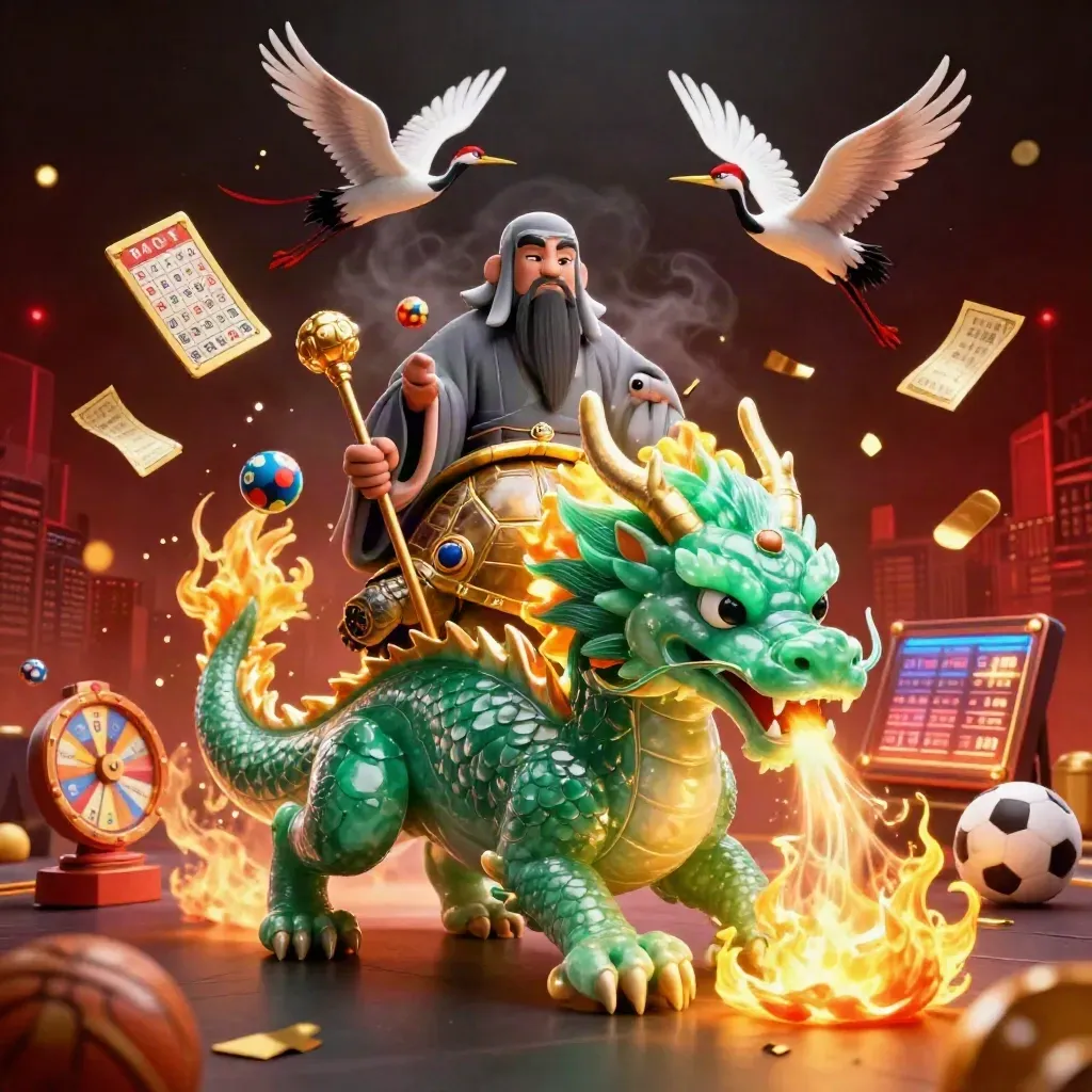 Jade dragon, turtle sage, and cranes amid casino symbols, gold fire, and flying lottery balls.