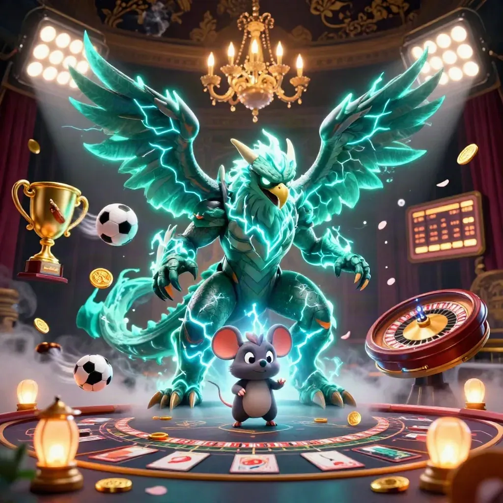 Thunder dragon, wind hawk, and static mouse amid casino lights, trophies, coins, and velvet luxury.