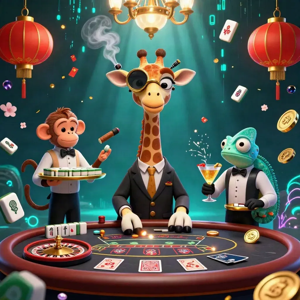 Giraffe high roller, monkey valet, and chameleon bartender in a gold-and-teal casino scene.
