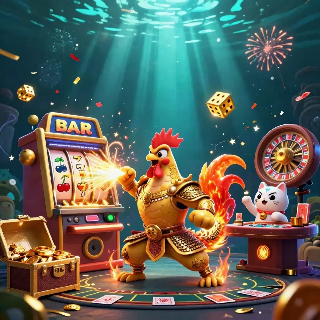 Rooster warrior, dragon hatchling, and fortune cat amid casino bursts and teal-gold light.