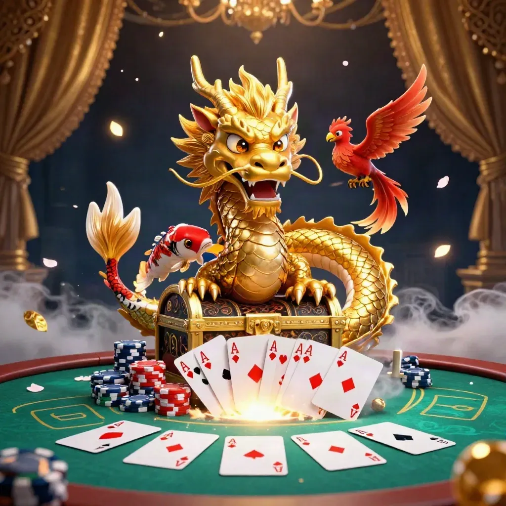 Golden dragon, phoenix, and koi erupt around poker chips and cards in teal-lit luxury chaos.