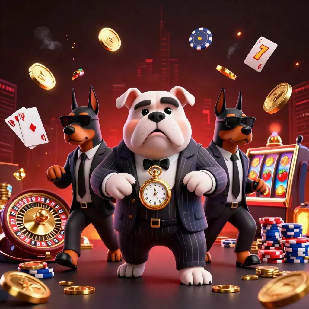 Mafia bulldog with two Dobermans amid coins, gems, roulette wheel, cards and chips in neon casino chaos