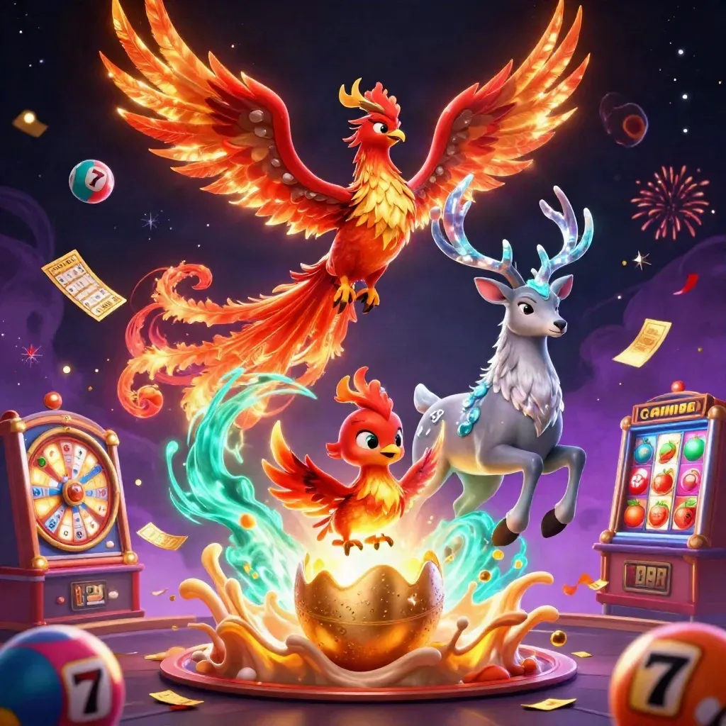 Fire phoenix, hatching baby phoenix, and crystal-antler stag amid casino bursts and teal magic.