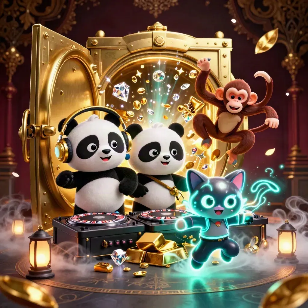 DJ panda, breakdancing monkey, and glow-stick kitten explode from a golden vault in teal light.