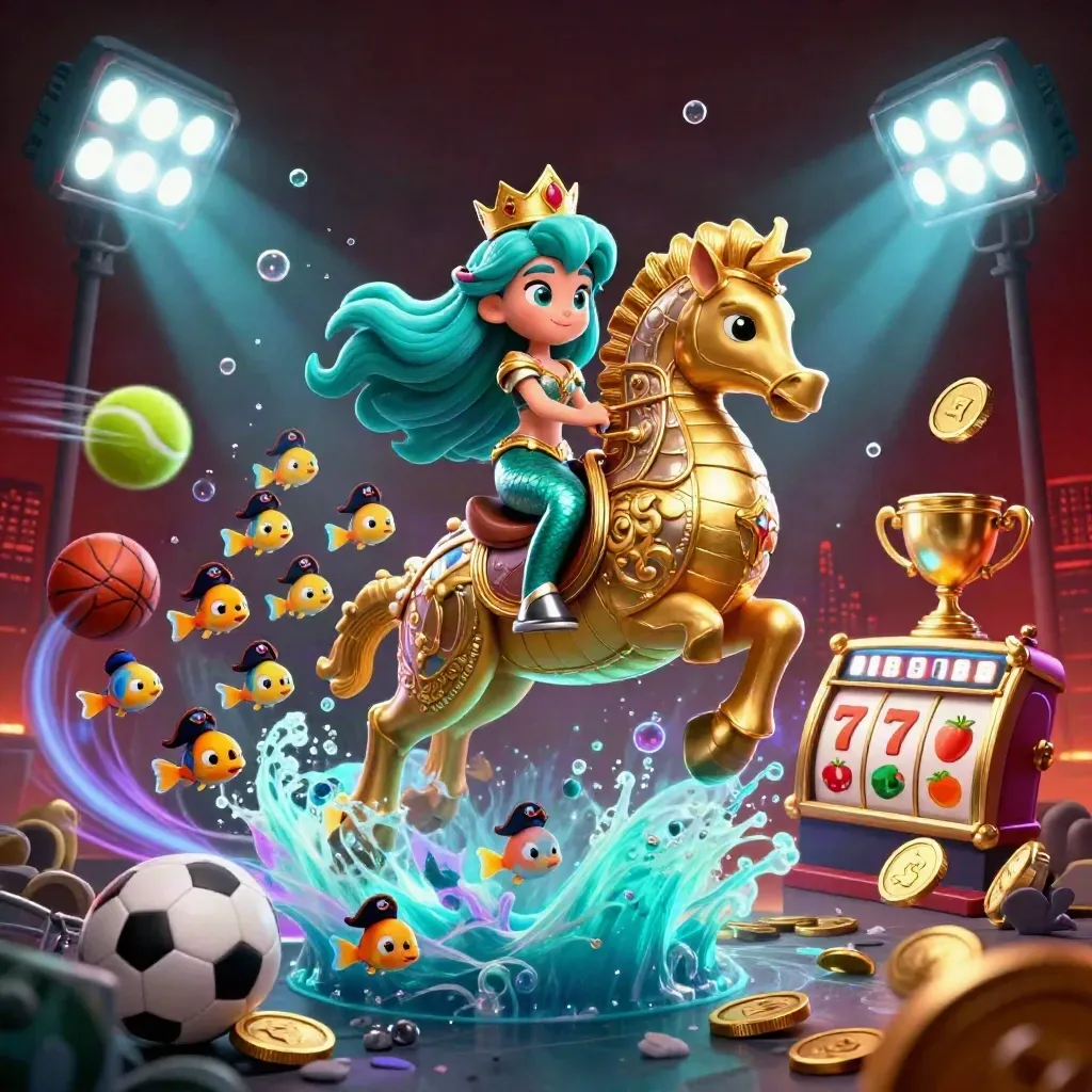 Mermaid princess on armored seahorse with pirate fish, sports balls, coins and casino glow