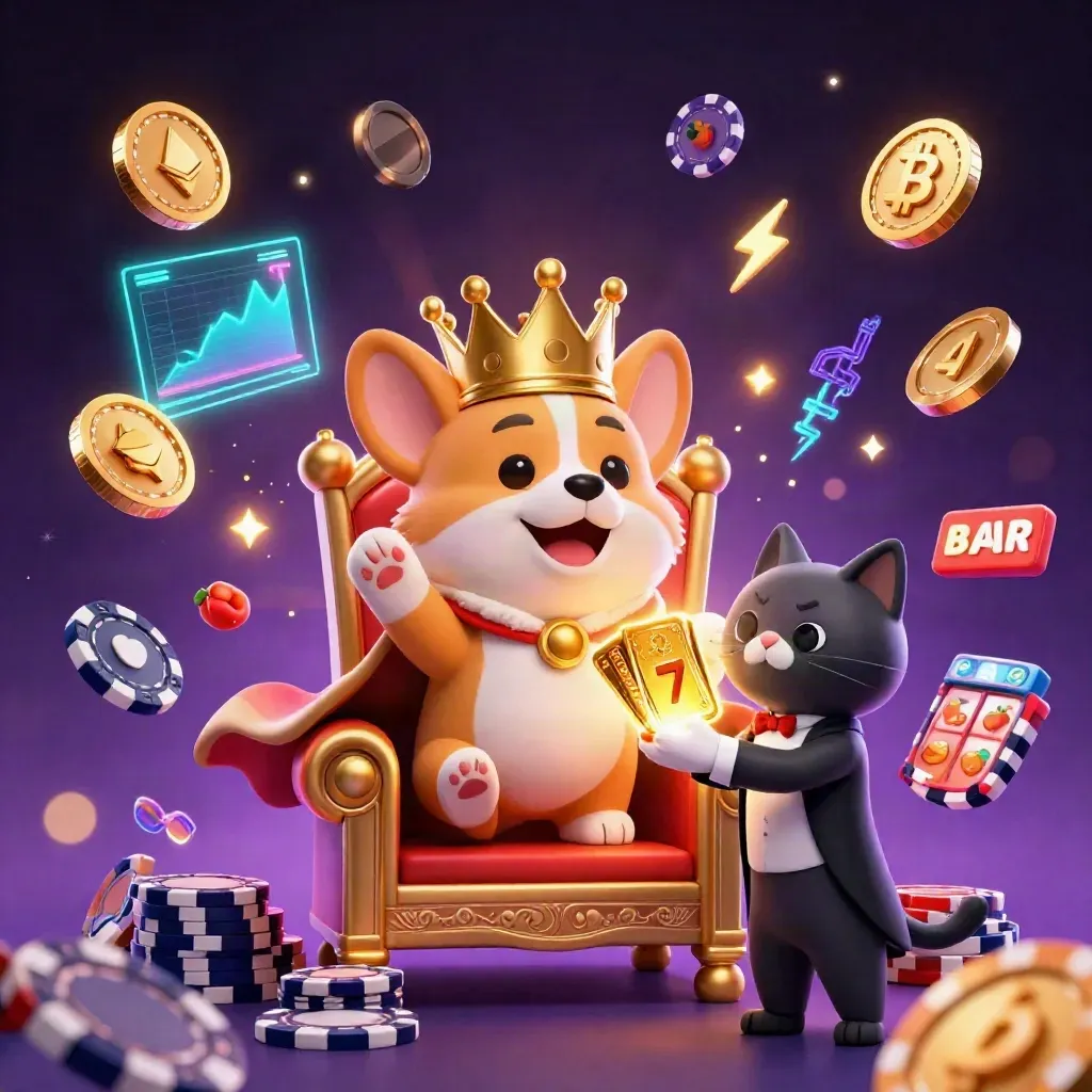 Royal corgi on chip throne with cat butler, neon coins, lightning, and casino effects.