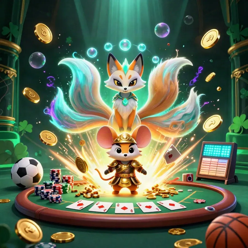Fox spirit and armored mouse amid a coin burst, poker props, and neon casino lighting.
