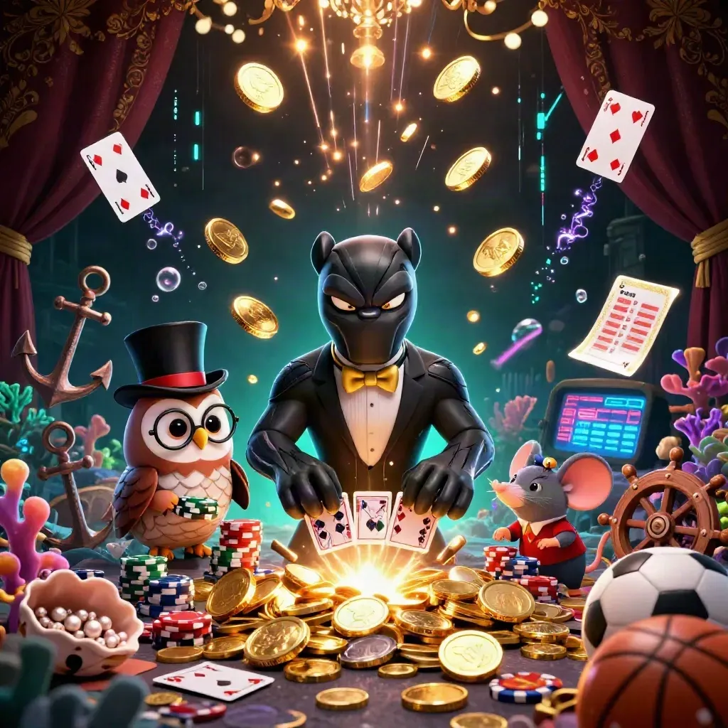 Panther, owl, and mouse in casino loot scene with gold coins, coral, and glowing sports props