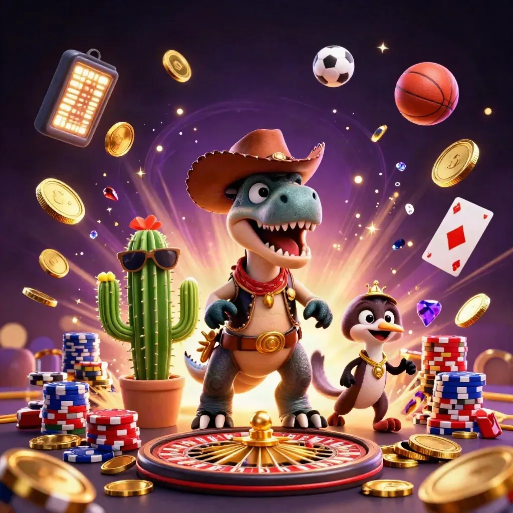 Cowboy T-Rex, cactus sidekick, and roadrunner amid casino coins, cards, chips, and fireworks.