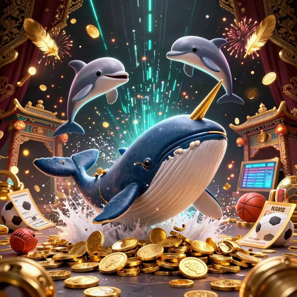 Whale captain, narwhal, and dolphins celebrate amid gold coins, fireworks, and casino energy.