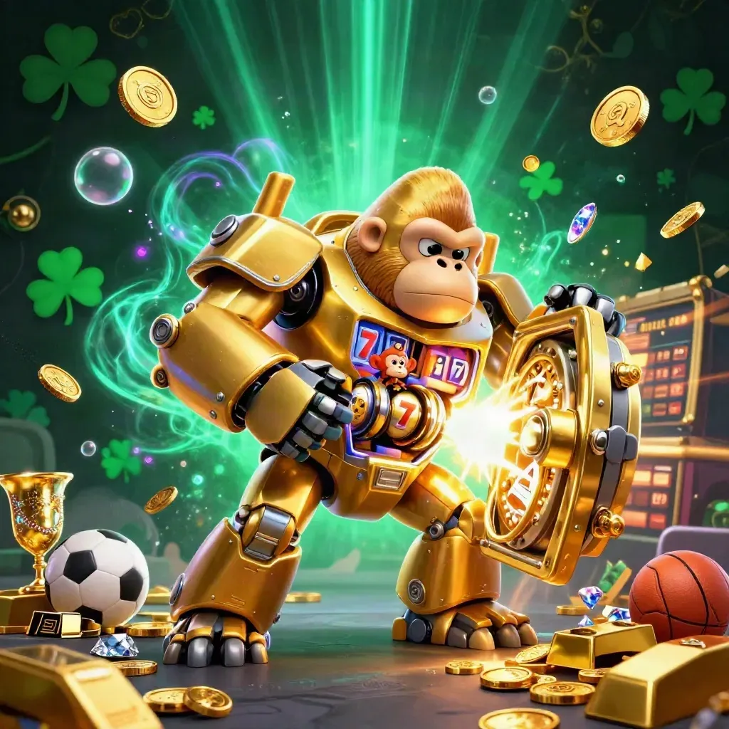 Golden gorilla mech blasts open a vault amid coins, gems, and sports betting icons