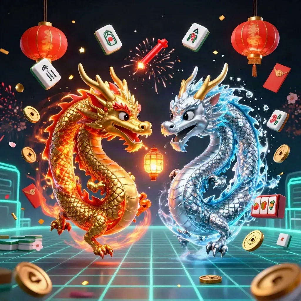 Two intertwined gold and silver dragons form a fiery yin-yang amid casino charms on a dark neon grid.