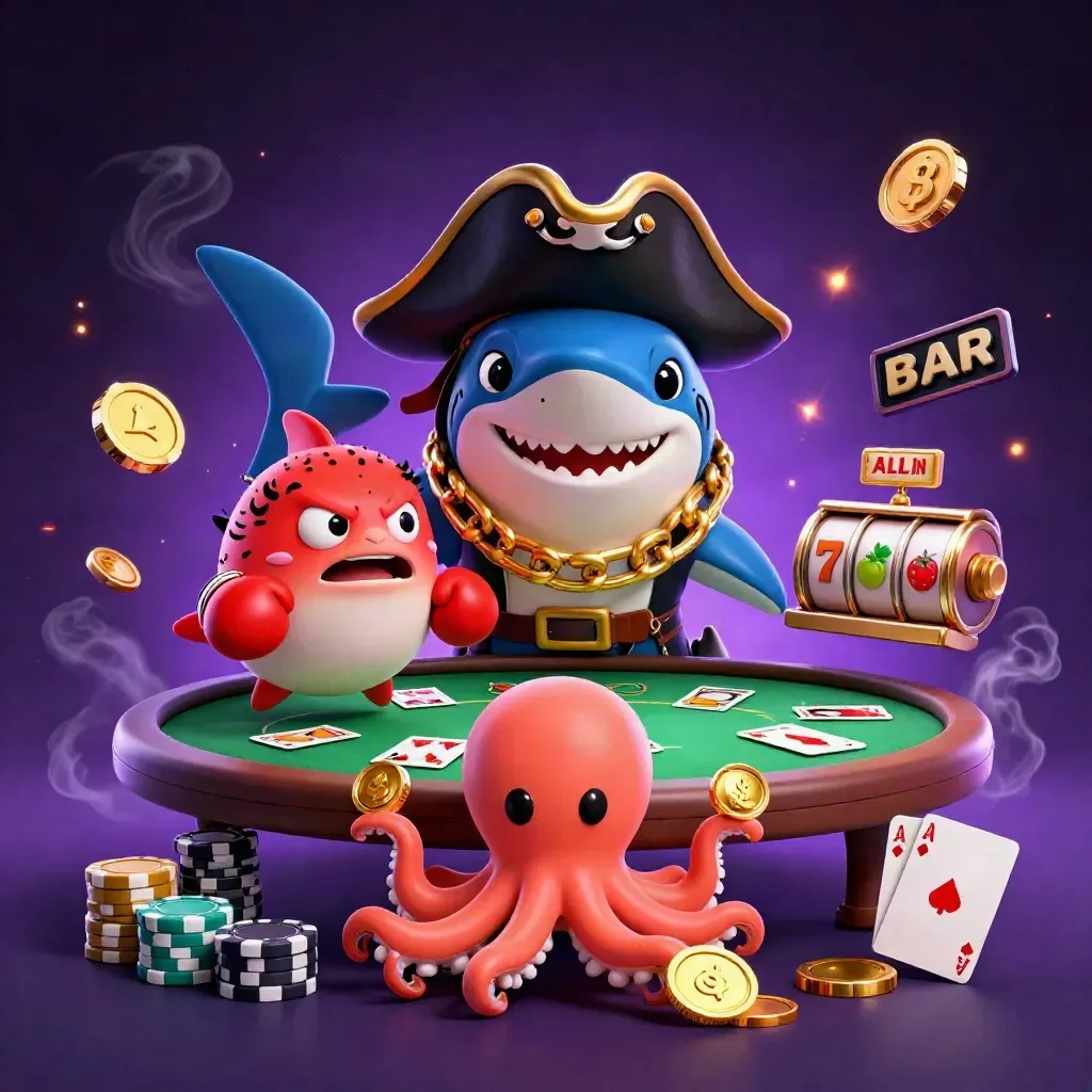 Pirate shark, boxing pufferfish, and coin-juggling octopus amid poker chips and neon magic.