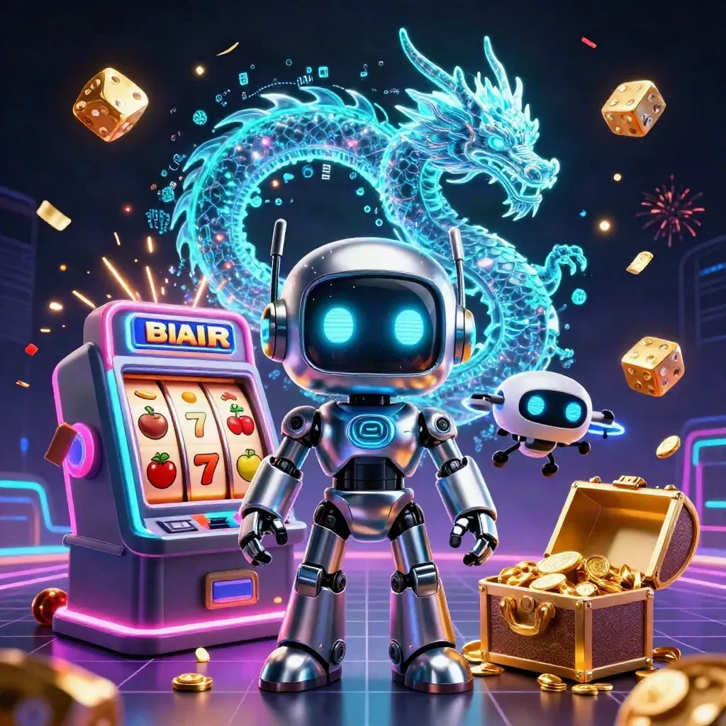 Cyberpunk robot, holographic dragon, and coin drone amid exploding slot symbols and gold on a dark neon grid.