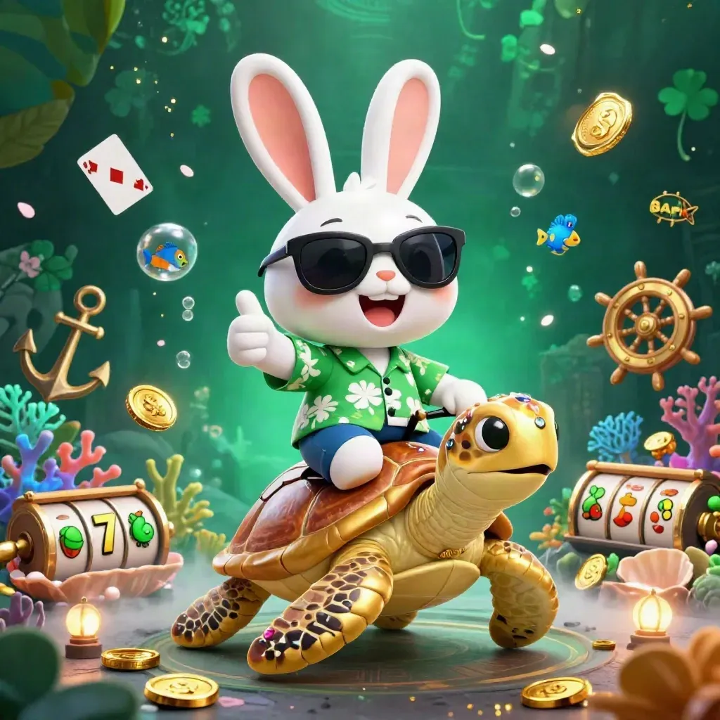 Lucky rabbit rides a gold sea turtle through coins, coral, cards, reels, and glowing treasure