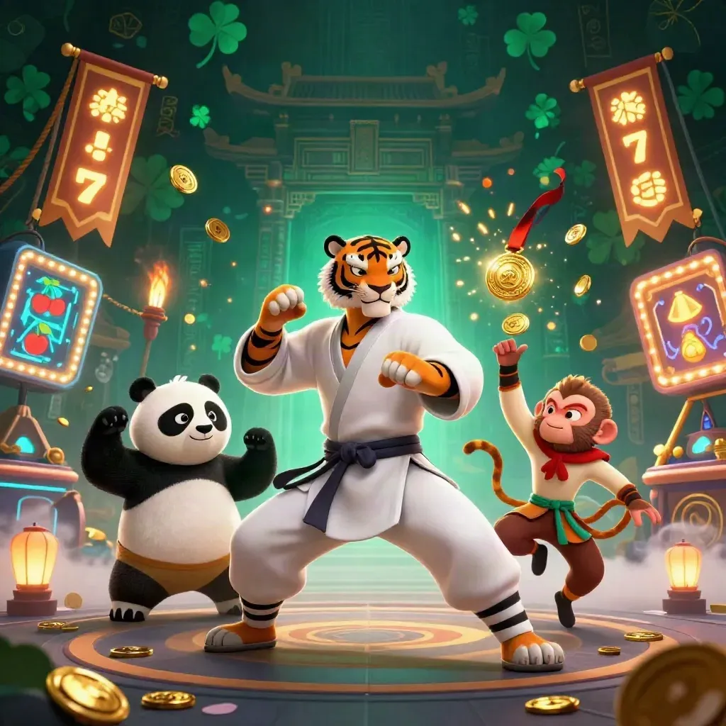 Kung-fu tiger, panda, and monkey in a glowing casino temple scene with reels, coins, and petals.