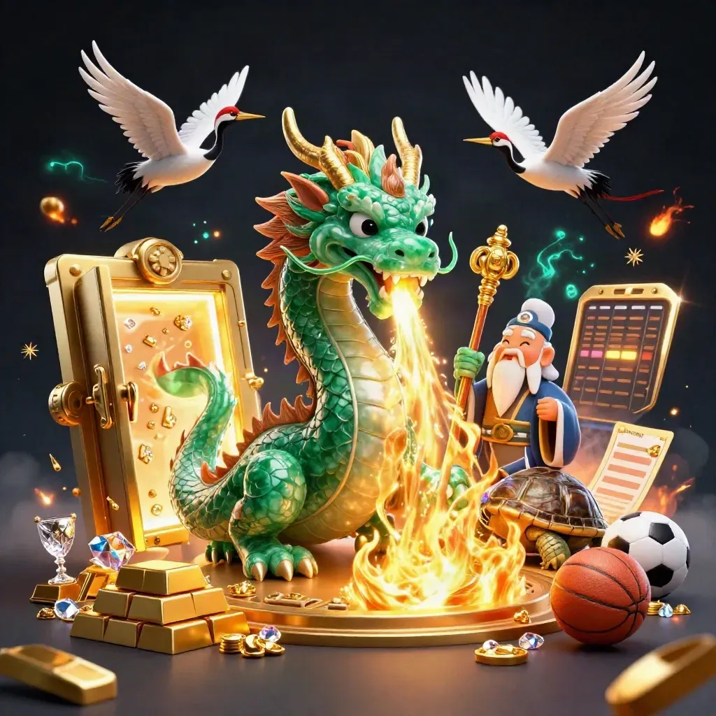 Jade dragon, turtle sage and cranes amid gold vault, sports balls and teal sparks.