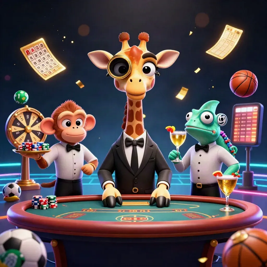Giraffe, monkey valet, and chameleon bartender amid casino props and neon effects.