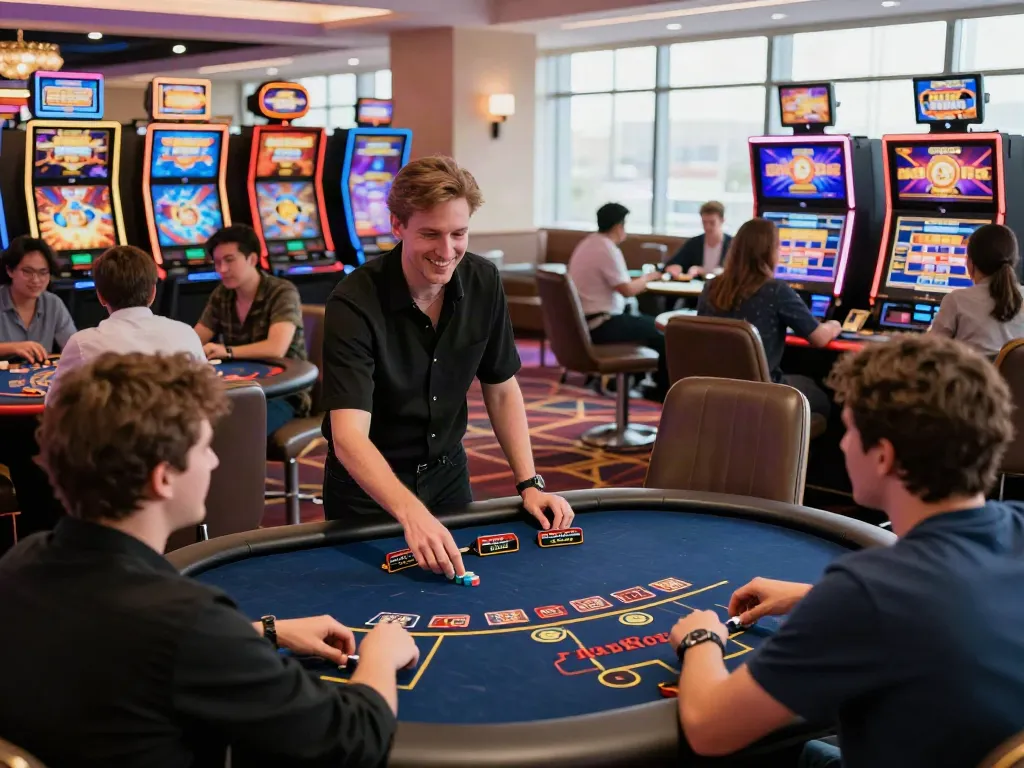 Players enjoying games at https://man88pro.com/ in a lively casino setting with a friendly dealer and vibrant decor.