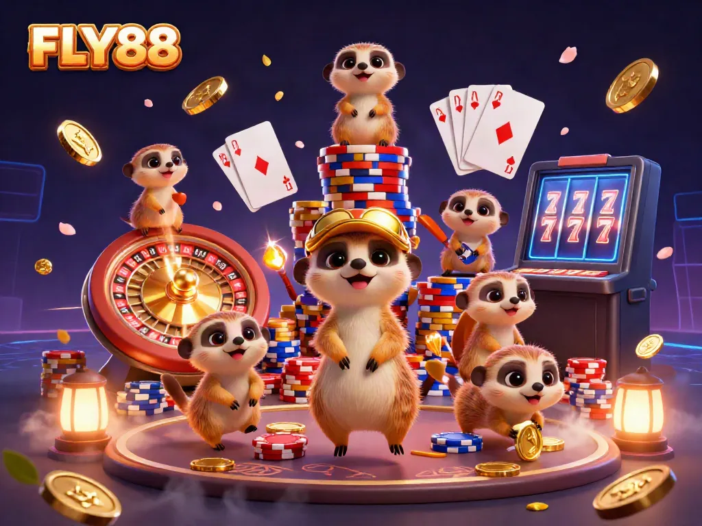 Watch meerkats manage an exciting FLY88 casino scene filled with dynamic gaming elements.