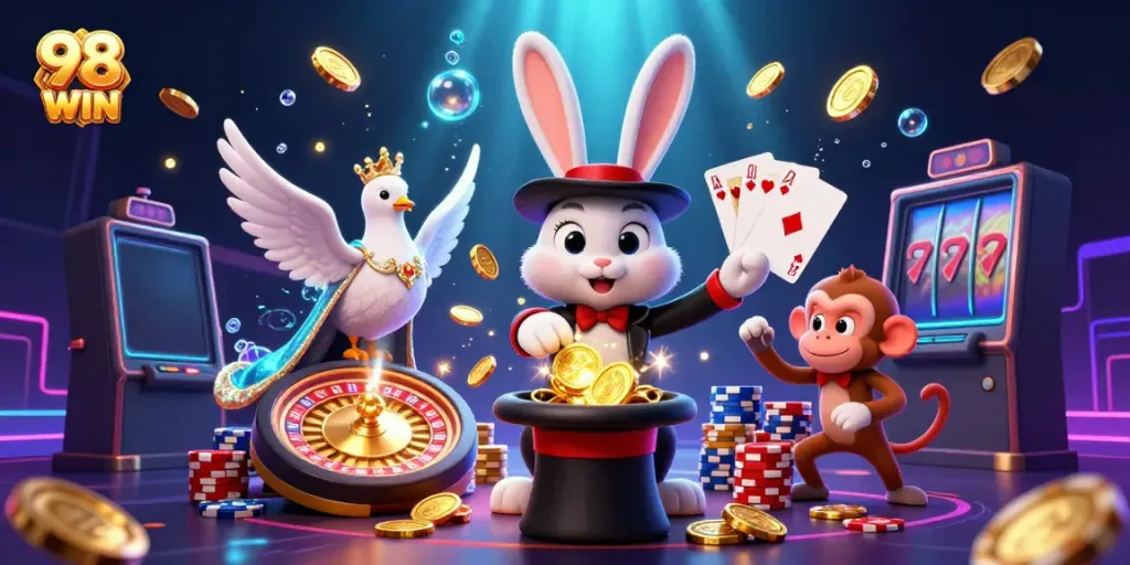 Engage with 98 WIN as a magician rabbit transforms the casino experience with vibrant excitement.