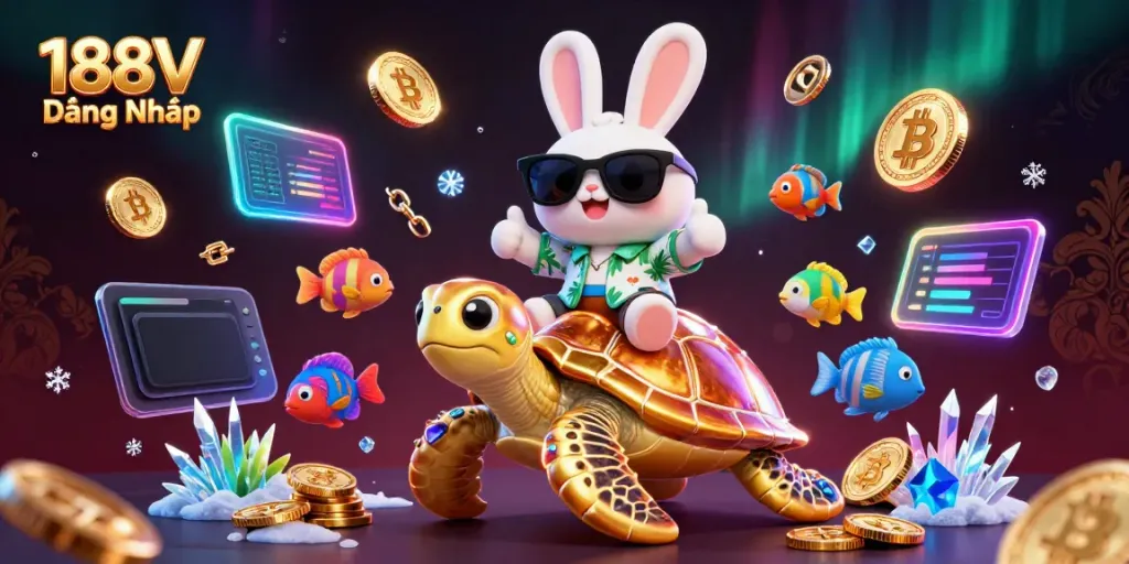 Engaging scene of adorable 3D cartoon lucky rabbit celebrating while riding a golden sea turtle, promoting 188V Đăng Nhập adventure.