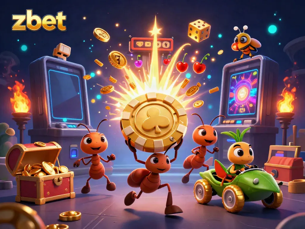 Engage with zbet as ants heist a giant poker chip amidst a vibrant casino explosion of wealth.