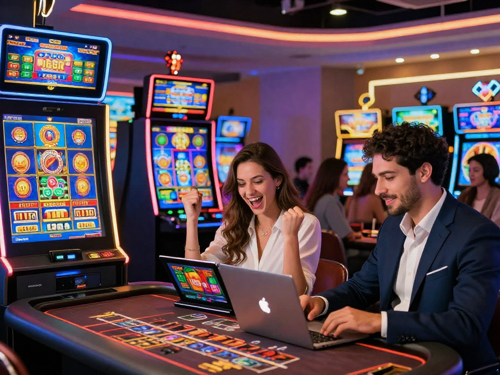 Giocatori divertendosi nei casino italiani non AAMS online, festeggiando vincite con un'atmosfera vivace e moderna.