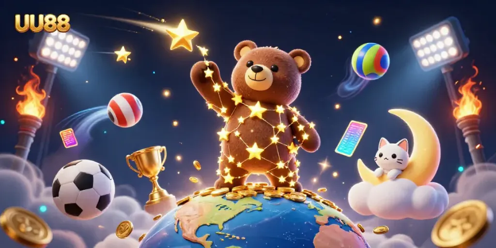 Experience excitement with UU88's dynamic betting scene featuring golden stars, sports elements, and energetic visuals.