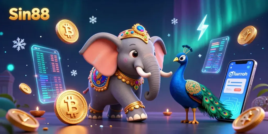 Engage with Sin88's vibrant casino scene featuring a Diwali-themed elephant and crypto elements.