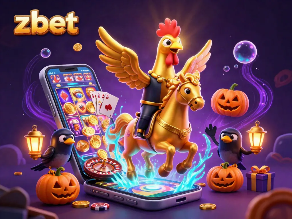 Experience zbet with a golden rooster and spectral horse in a vibrant casino, showcasing exciting games and rewards.