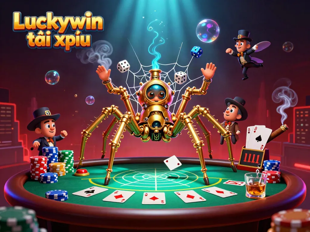 Engage with Luckywin tài xỉu as a colorful 3D steampunk spider artistically traps dice, embodying online gaming excitement.