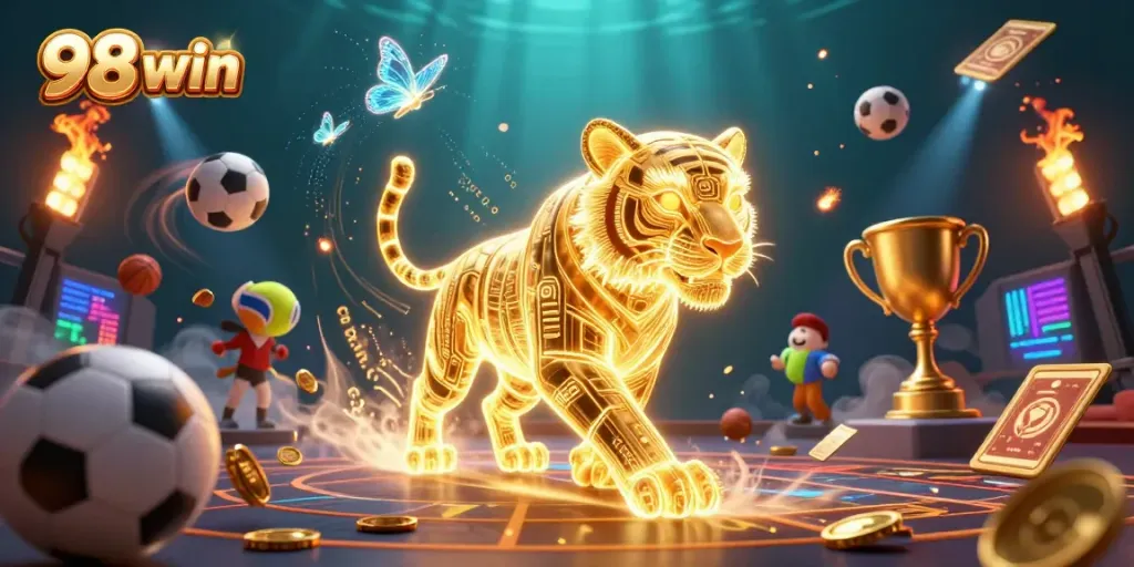 Experience the excitement of 98 win with a golden tiger in a vibrant casino landscape.