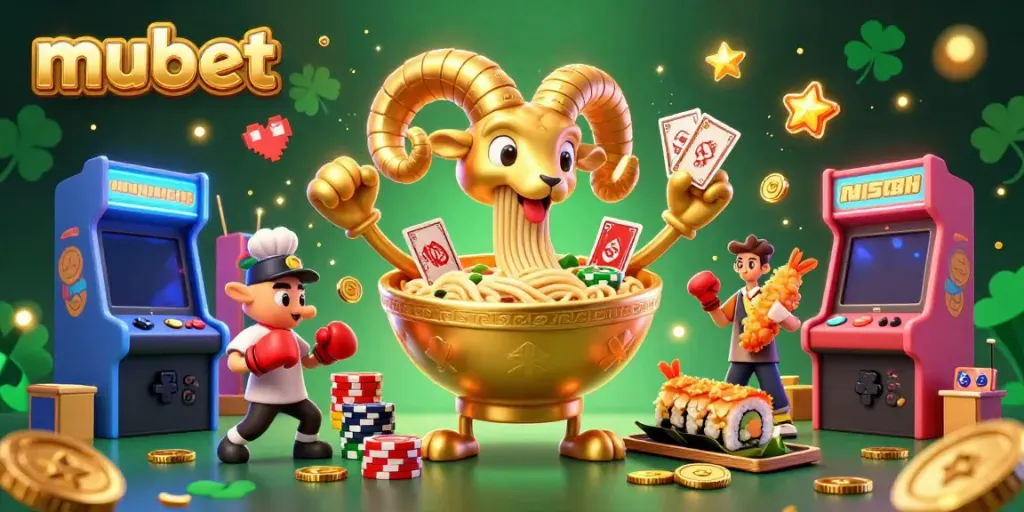 Join the fun at mubet with a lively illustration of a gold ramen bowl and casino-themed characters.