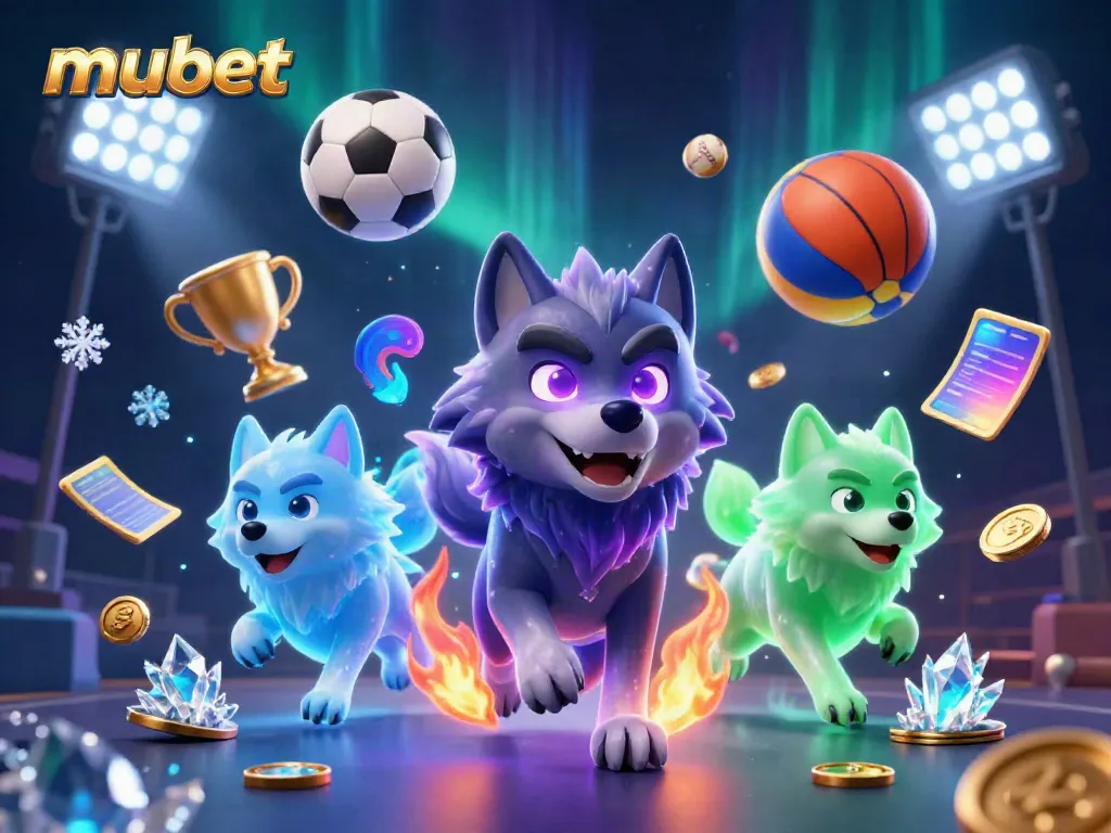 Experience thrilling sports action with mubet's dynamic casino illustration featuring mystical wolves and vibrant game elements.