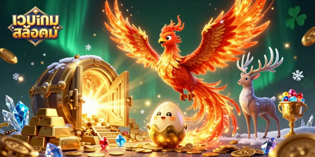 Engage in เว็บเกมสล็อตแท้ with a vibrant 3D depiction of mythical creatures amid golden treasures and casino elements.