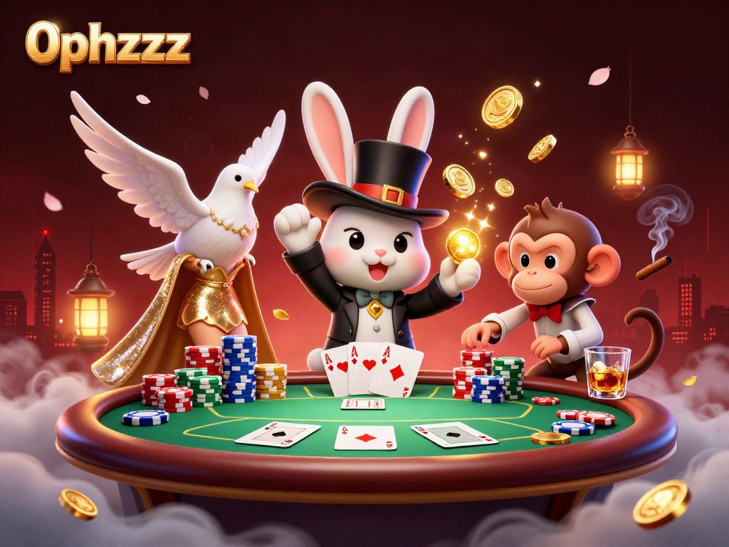 Experience thrilling moments at 0phzzz with a magician rabbit, dove, and monkey in a dynamic casino scene.