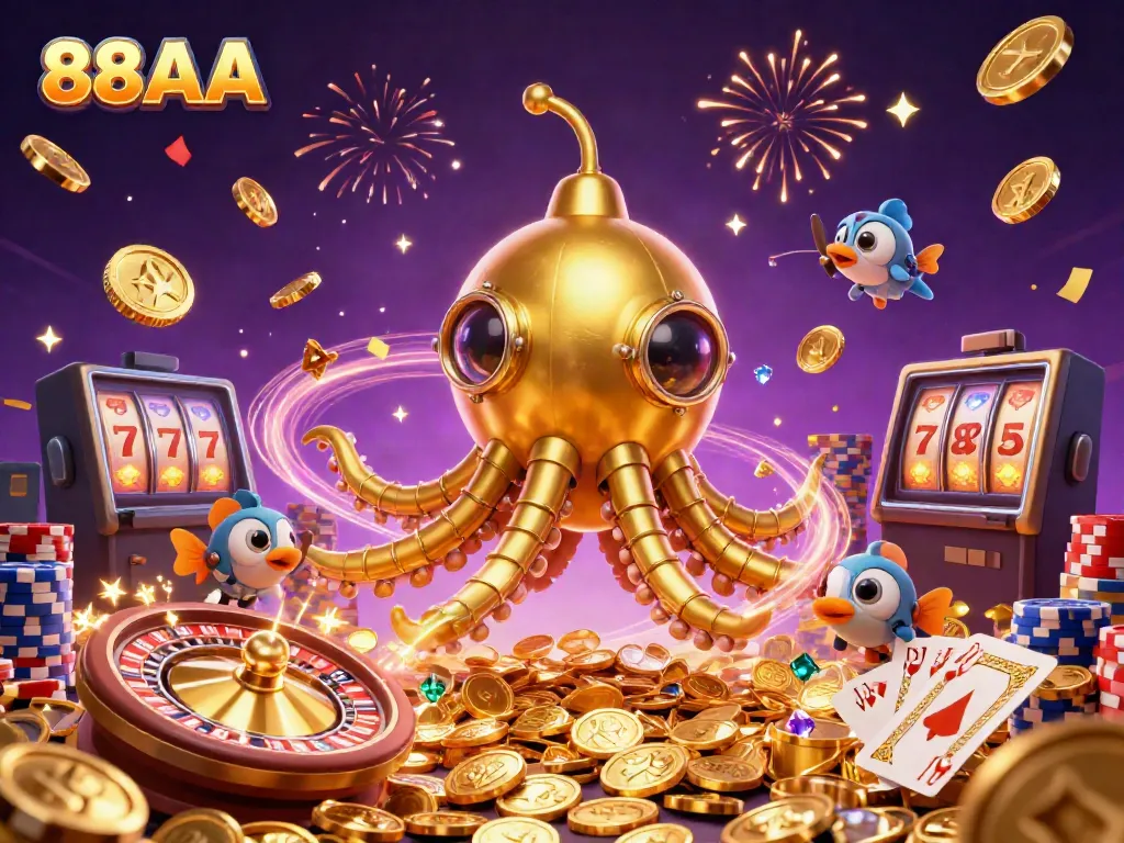 Experience the excitement of 88AA with a golden kraken submarine surrounded by coins and casino elements.
