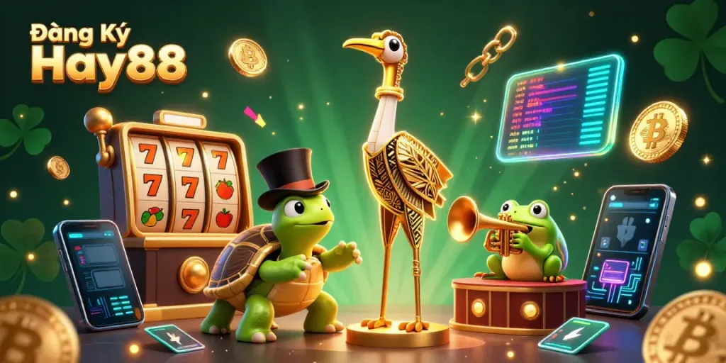 Engage in the excitement of Đăng Ký Hay88 with vibrant slot reels and dynamic 3D characters.