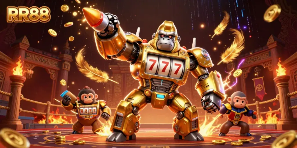 Experience thrilling wins at RR88 with an explosive 3D gorilla mech in a vibrant casino setting.