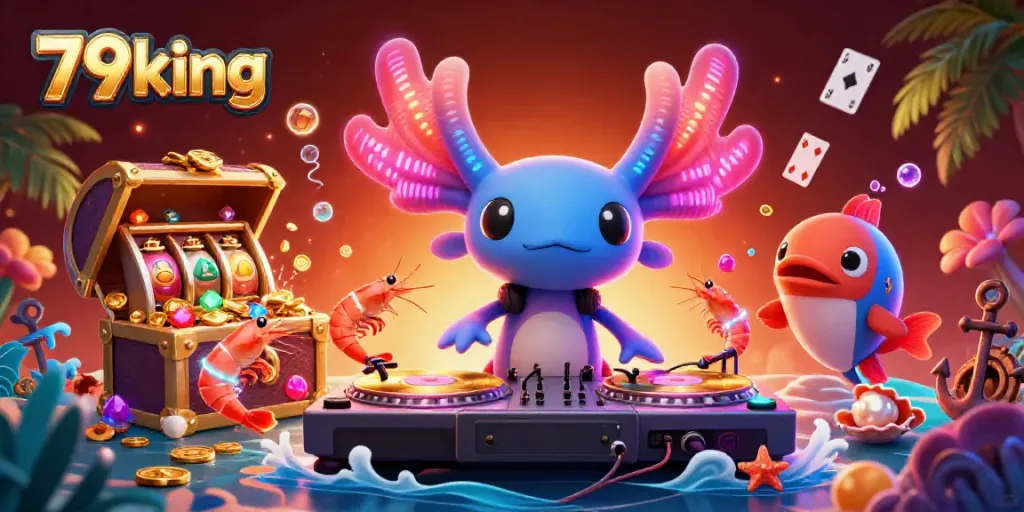 Experience the vibrant world of 79king with a lively 3D illustration showcasing interactive casino elements.
