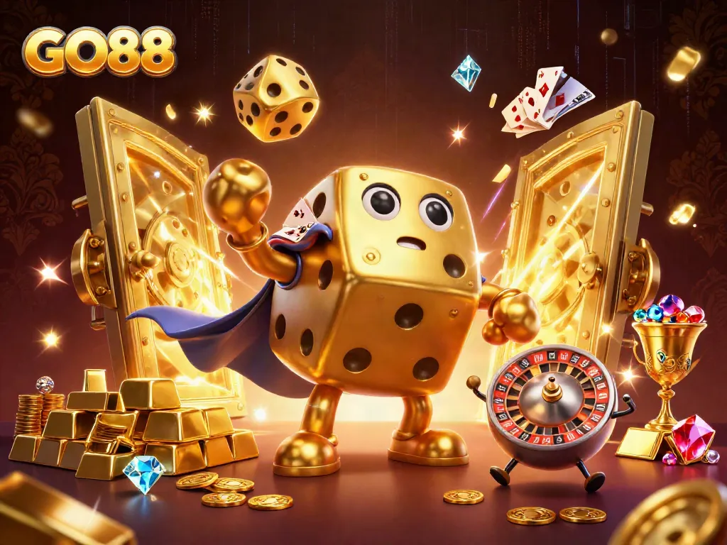 Engage with GO88's vibrant casino world featuring exquisite golden dice and captivating treasures.