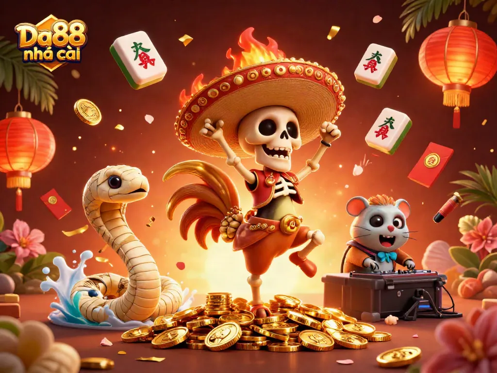 Experience thrilling action at Da88 nhà cái with 3D characters celebrating wins in a vibrant, festive atmosphere.