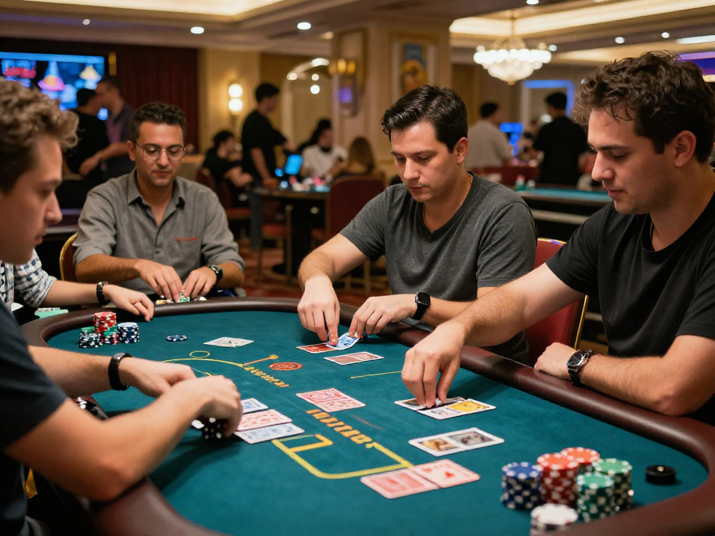 Giocatori in un casinò italiani non AAMS immersi in giochi da tavolo circondati da luci e atmosfera vivace.