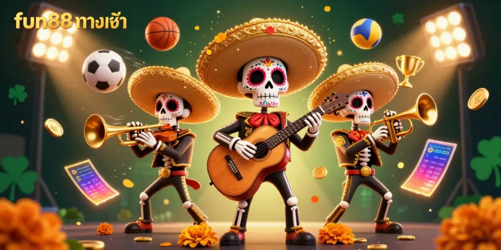 Experience fun88 ทางเข้า with a dynamic scene featuring the Day of the Dead mariachi band, sports elements, and vibrant colors.