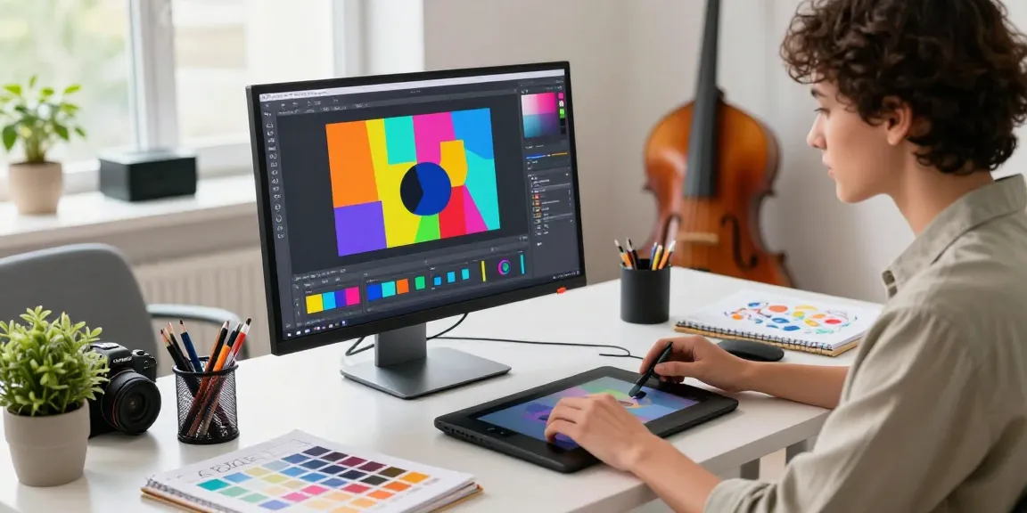 Designer using an ai photo editor on a vibrant workspace with digital images.