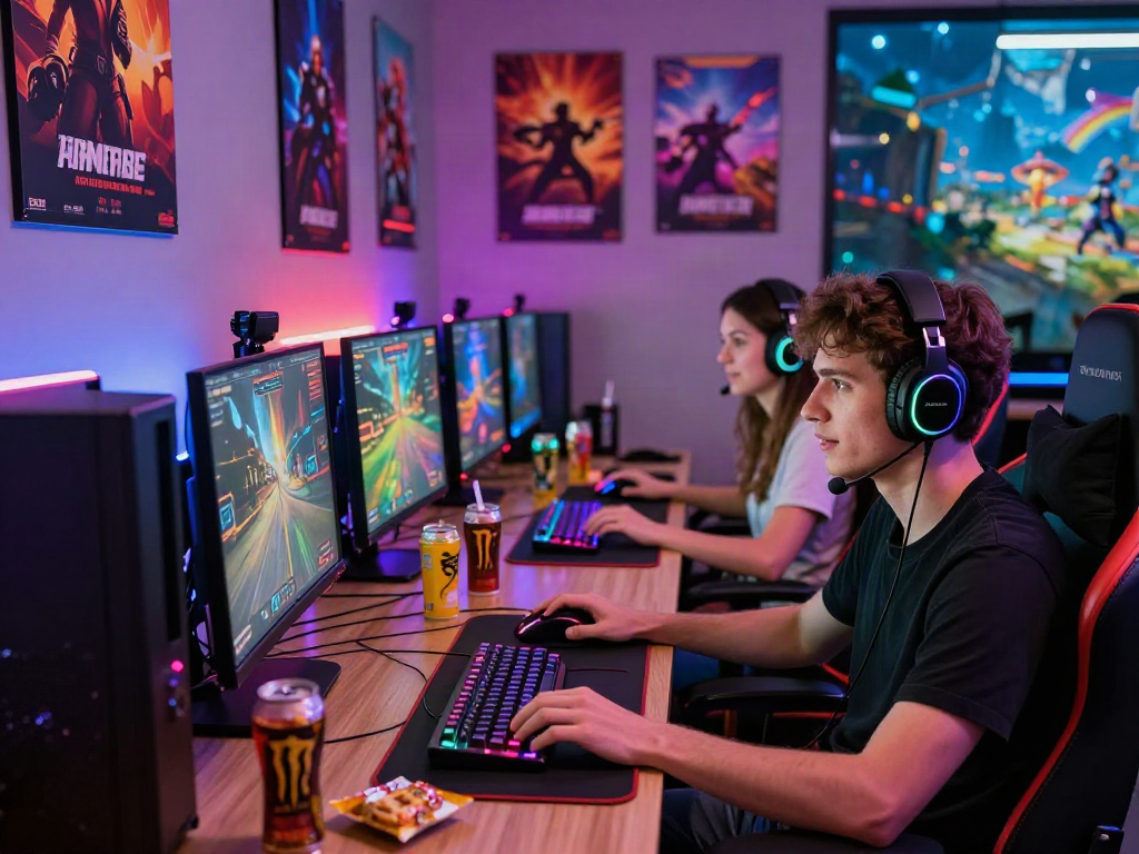 Exciting multiplayer porn game setup in a vibrant gaming studio with focused players and colorful displays.