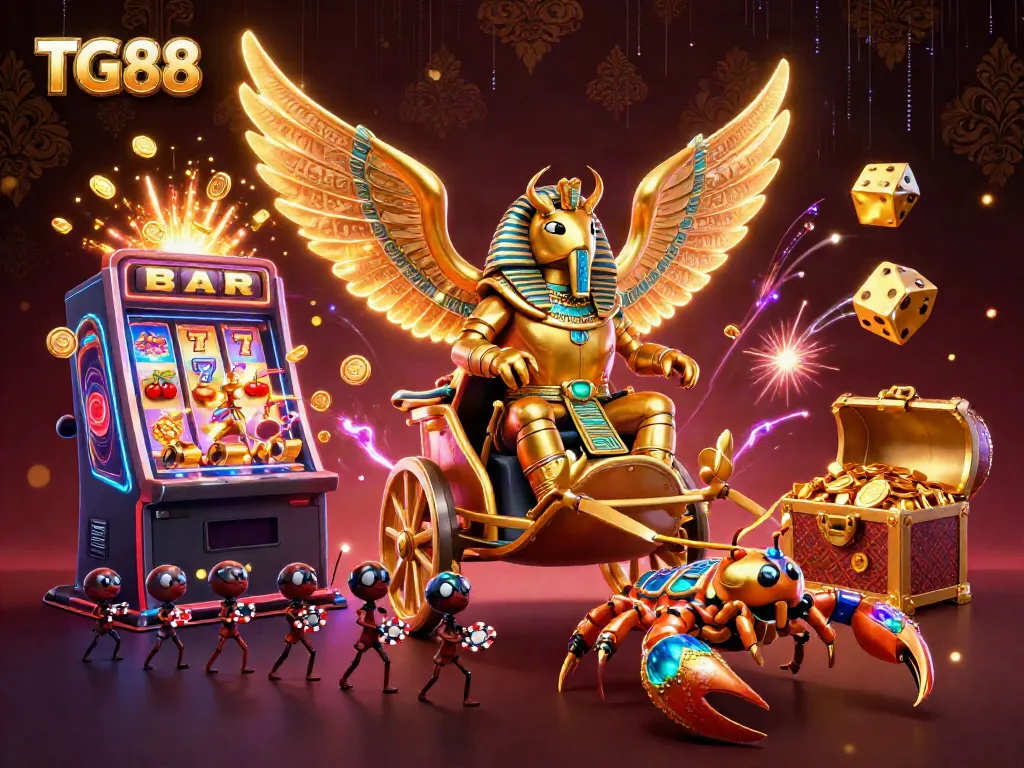 Unlock jackpots with TG88's vibrant gaming scene featuring golden scarabs and dynamic casino elements.