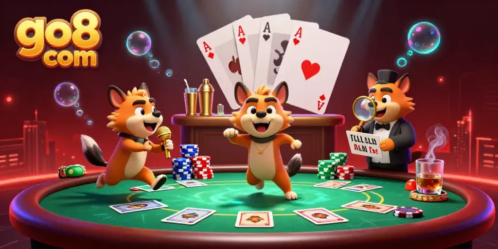 Experience laughter and winning vibes at go8 com's comedy casino with hyenas, poker chips, and drinks.